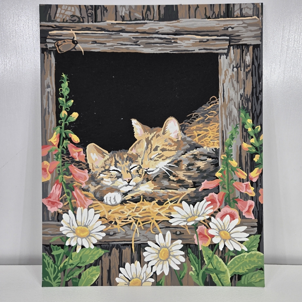 VTG Cobble Hill‎ Sisters Finished Acrylic Paint By Number MCM Floral Cats 14x11